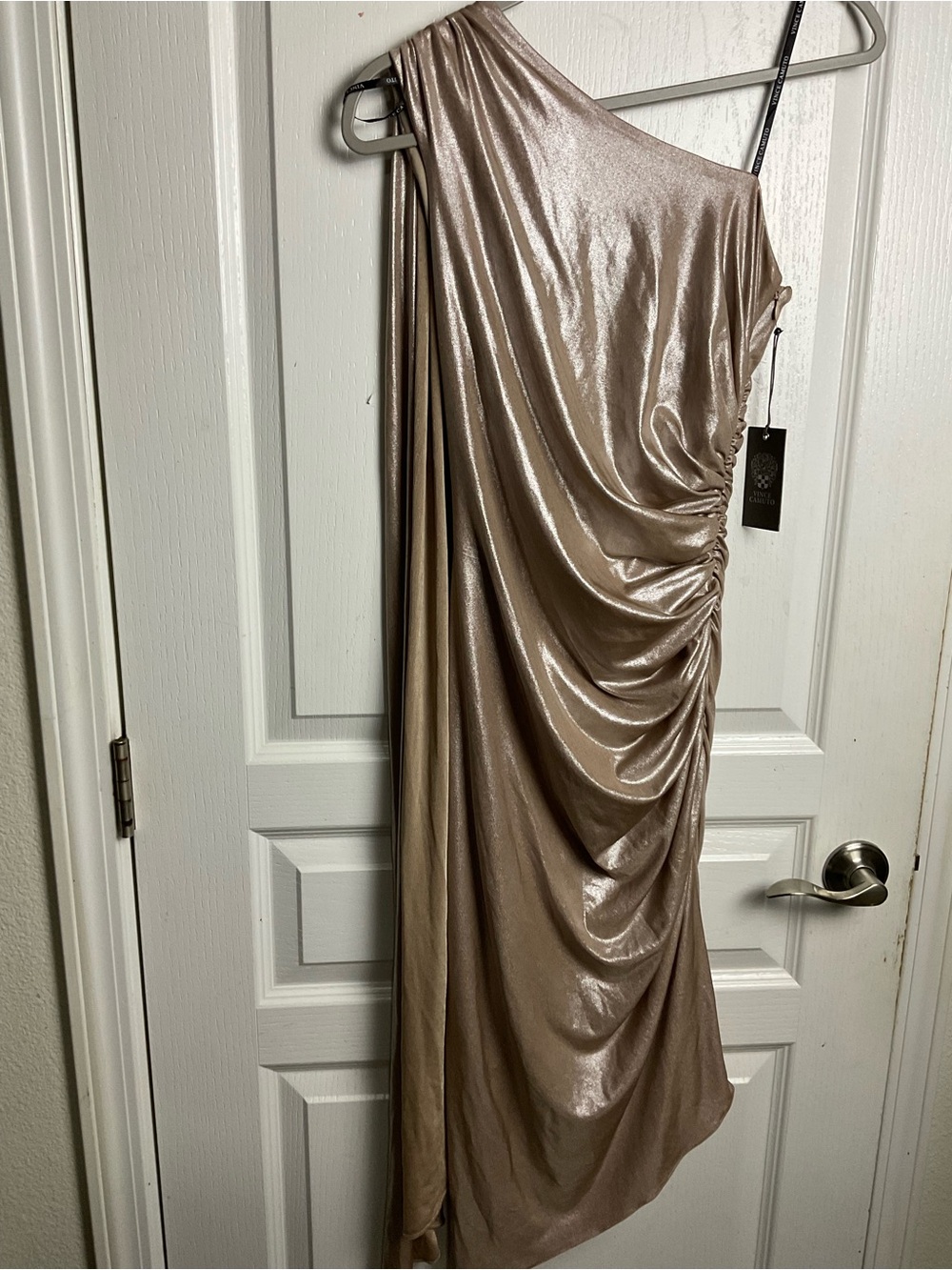 Vince Camuto One-Shoulder Metallic Taupe Evening Gown